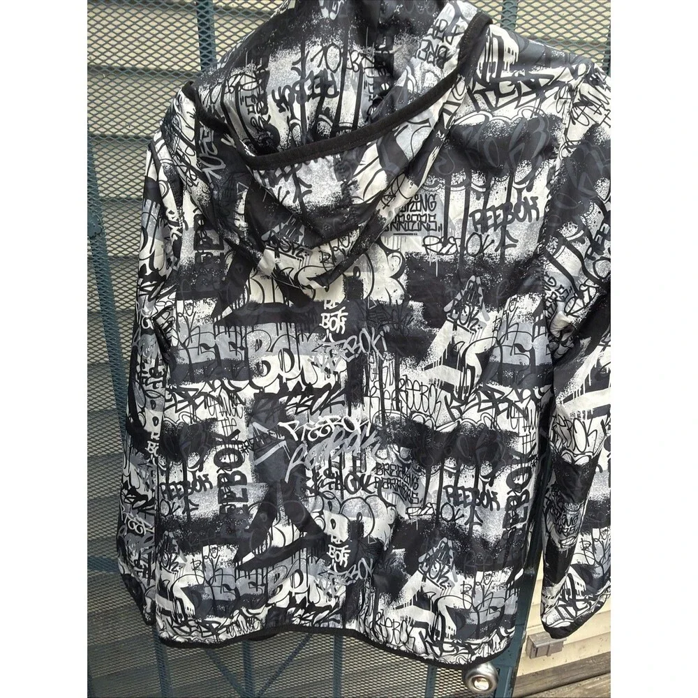 Reebok Kids Jacket Child Size XL 14/16 Black Graffiti Hood Windbreaker Zipper